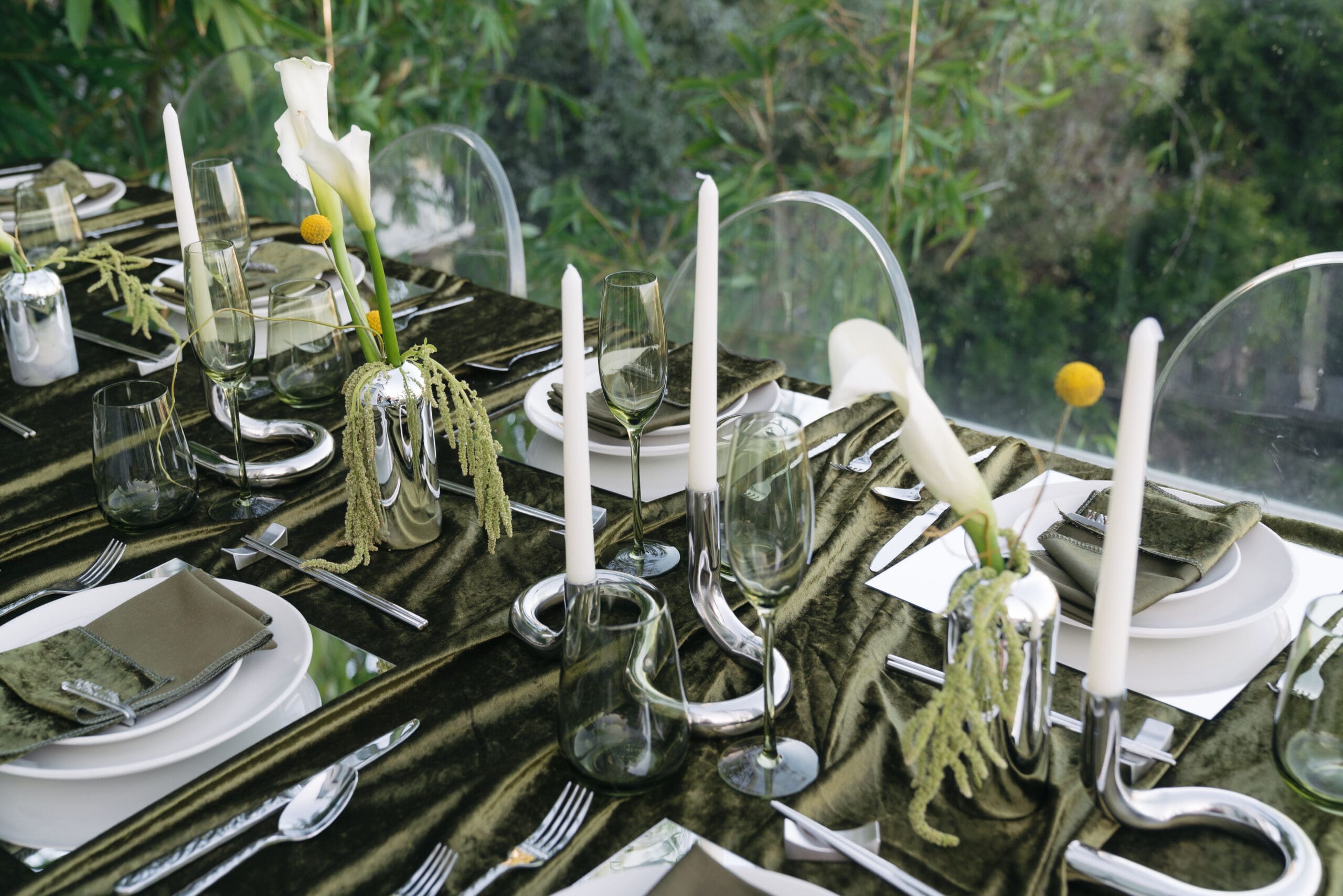 Chrome candle-holder details at an intimate editorial wedding in Hollywood Hills, CA