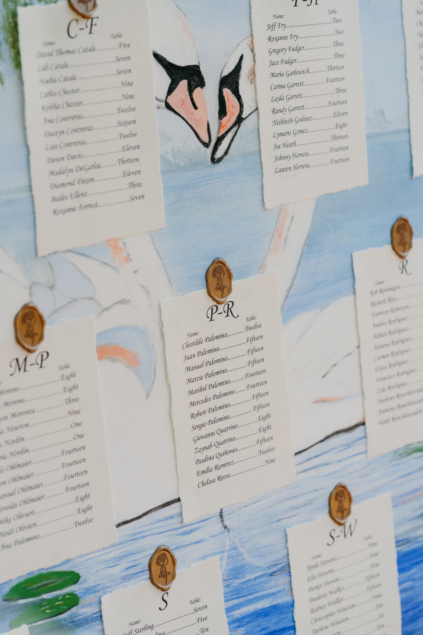 Custom wedding seating chart with textured paper and wax seal pressed onto a hand-painted canvas. 